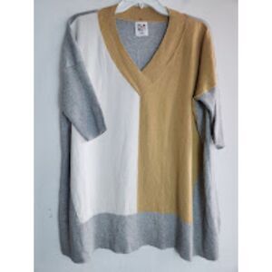 PLANET By Lauren G. Ivory Cream Grey Pima Cotton/Modal V-Neck Sweater size XL